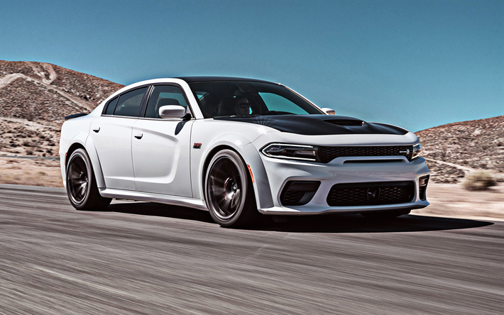 Dodge Charger, Scat Pack Widebody, 2020, exterior, front view, white sports sedan, tuning Charger, new white Charger, american cars, Dodge