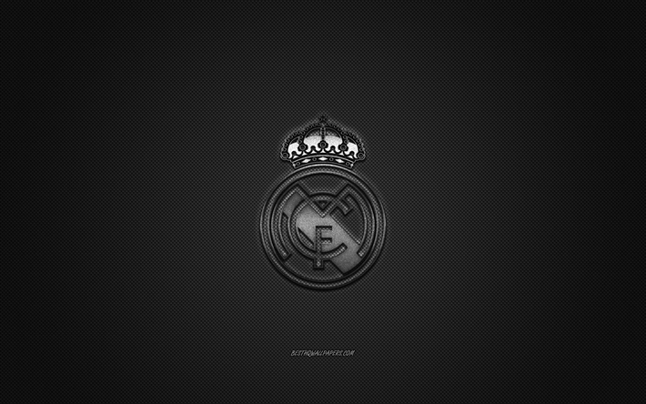 Real Madrid CF, Spanish football club, silver metallic logo, gray carbon fiber background, Madrid, Spain, La Liga, football, Real Madrid