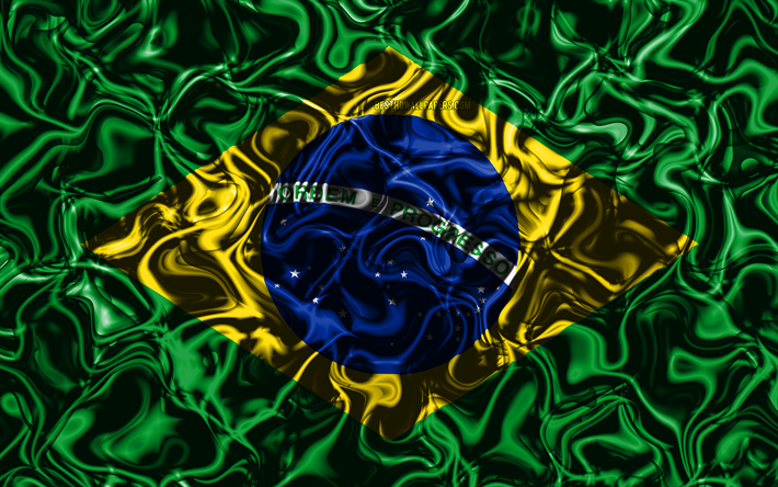 4k, Flag of Brazil, abstract smoke, South America, national symbols, Brazilian flag, 3D art, Brazil 3D flag, creative, South American countries, Brazil