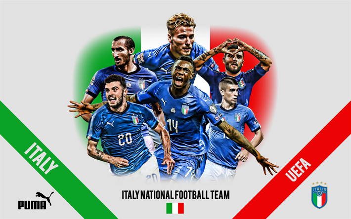Italien i fotboll, logotyp, emblem, grupp-ledare, UEFA, Italien, Lorenzo Insigne, Giorgio Chiellini, Ciro Or&#246;rlig, Moise Kean, Italiensk fotboll spelare, fotboll