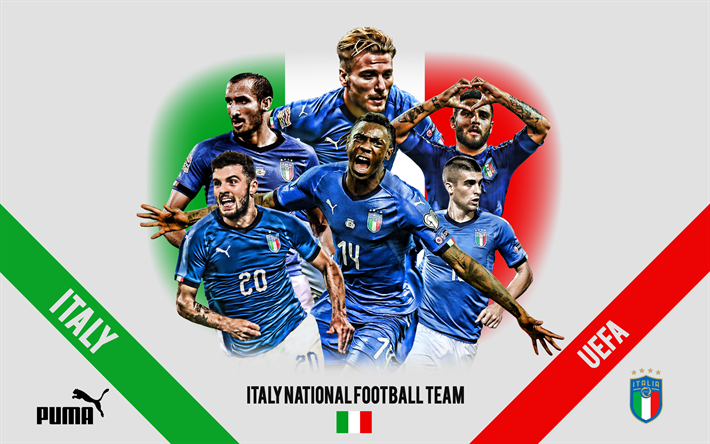 L&#39;italie &#233;quipe nationale de football, le logo, l&#39;embl&#232;me, les chefs d&#39;&#233;quipe, de l&#39;UEFA, l&#39;Italie, Lorenzo Insigne, Giorgio Chiellini, Ciro Immobile, Moise Kean, italien joueurs de football, football