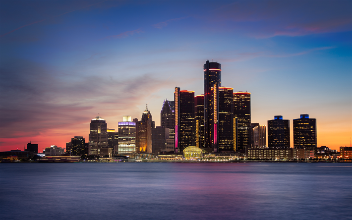 Detroit, 4k, skyline, sunset, Michigan, USA, american cities, America, Detroit at evening, City of Detroit, Cities of Michigan