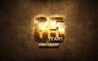 85 Years Anniversary, golden signs, anniversary concepts, brown metal background, 85th anniversary, creative, Golden 85th anniversary sign