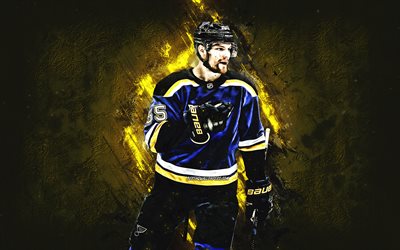 Colton Parayko, St Louis Blues, Kanadalı hokey oyuncusu, portre, NHL, ABD, hokey, sarı taş arka plan