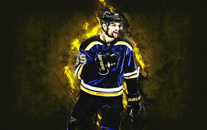Colton Parayko, St Louis Blues, Kanadensisk ishockeyspelare, portr&#228;tt, NHL, USA, hockey, gul sten bakgrund