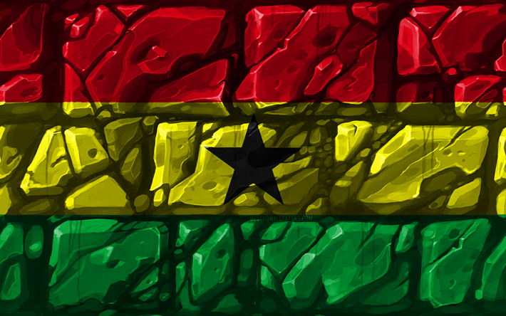 Ghanaian flag, brickwall, 4k, African countries, national symbols, Flag of Ghana, creative, Ghana, Africa, Ghana 3D flag