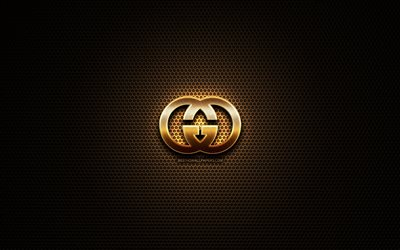 Gucci logotipo de brillo, creativo, rejilla de metal de fondo, el logo de Gucci, marcas, Gucci
