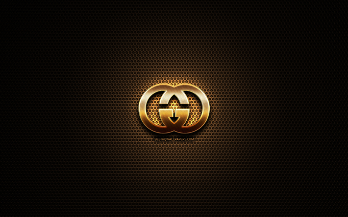 Gucci glitter logo, yaratıcı, metal ızgara arka plan, Gucci logo, marka, Gucci