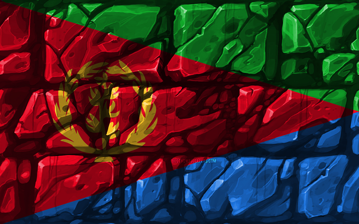 Eritre Eritre bayrağı, brickwall, 4k, Afrika &#252;lkeleri, ulusal semboller, Bayrak, yaratıcı, Eritre, Afrika, Eritre 3D bayrak