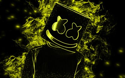 Marshmello, yellow smoke silhouette, american dj, Marshmello silhouette, black background, creative art