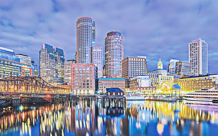 Boston, 4k, moderni edifici, paesaggi urbani, Massachusetts, stati UNITI, americano, citt&#224;, in America, a Boston, a sera, HDR, Citt&#224; di Boston, Citt&#224; del Massachusetts