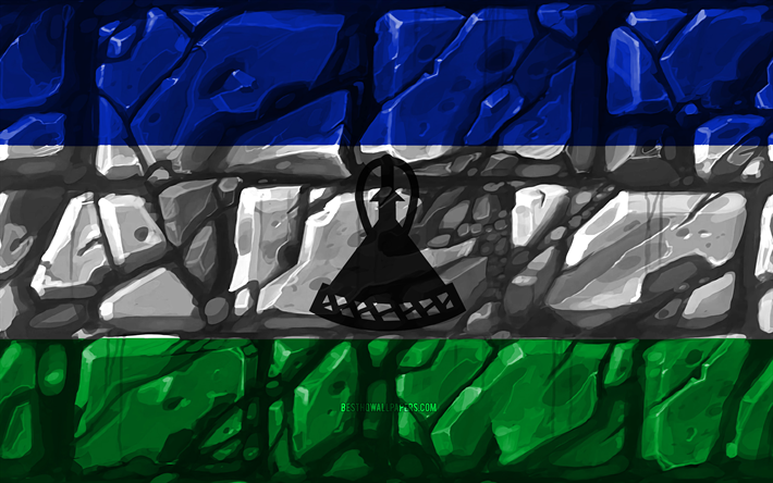 Lesothos flagga, brickwall, 4k, Afrikanska l&#228;nder, nationella symboler, Flaggan i Lesotho, kreativa, Lesotho, Afrika, Lesotho 3D-flagga
