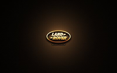 Land Rover glitter logo, cars brands, creative, metal grid background, Land Rover logo, brands, Land Rover