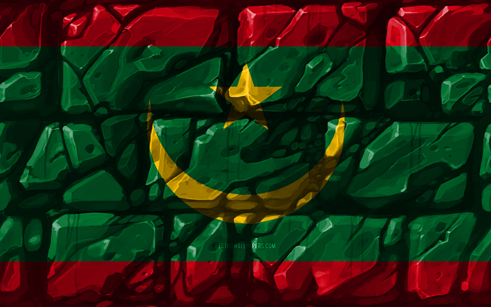 Mauretaniens flagga, brickwall, 4k, Afrikanska l&#228;nder, nationella symboler, Flaggan i Mauretanien, kreativa, Mauretanien, Afrika, Mauretanien 3D-flagga