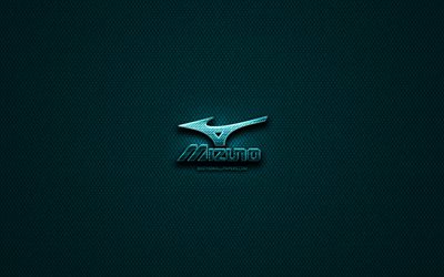 Mizuno paillettes logo, cr&#233;atif, bleu m&#233;tal, fond, Mizuno, logo, marques