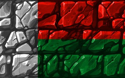 Madagascar bandera, brickwall, 4k, los pa&#237;ses Africanos, los s&#237;mbolos nacionales, la Bandera de Madagascar, creativo, Madagascar, &#193;frica, Madagascar 3D de la bandera