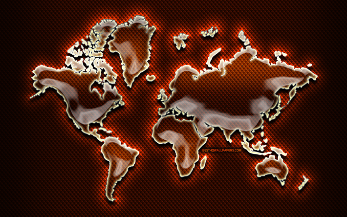 orange world map, orange background, world map concept, artwork, creative, glass world map, 3D art, world map, abstract art, world maps