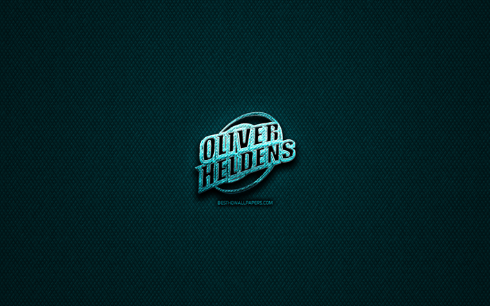 Oliver Heldens glitter logo, music stars, creative, blue metal background, Oliver Heldens logo, brands, superstars, Oliver Heldens