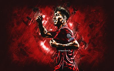 Roberto Firmino, Brazilian footballer, attacking midfielder, Liverpool FC, portrait, red creative background, Premier League, England, Firmino