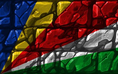 seychellen flagge, brickwall, 4k, afrikanischen l&#228;ndern, die nationalen symbole, die flagge der seychellen, kreativ, seychellen, afrika, seychellen 3d flag