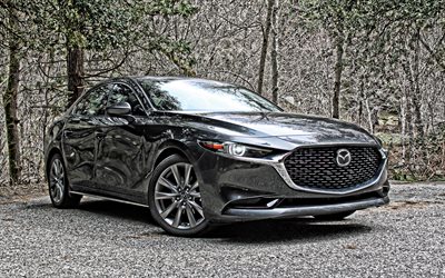 Mazda 3, 2019, exterior, vista de frente, sed&#225;n gris, grises nuevos Mazda 3, los coches japoneses, Mazda
