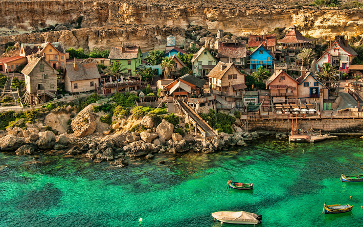 Popeye Village, resa i sommar, havet, kusten, Sweethaven Village, Malta, bay, Europa, HDR, Popeye Village Malta