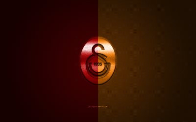 Galatasaray SK, T&#252;rk Futbol Kul&#252;b&#252;, bordo, turuncu metalik logo, bordo turuncu karbon fiber arka plan, Galatasaray, İstanbul, T&#252;rkiye, Futbol, Galatasaray logo