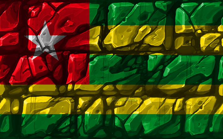 Togon lippu, brickwall, 4k, Afrikan maissa, kansalliset symbolit, luova, Togo, Afrikka, Togo 3D flag