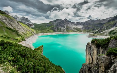 lac de montagne, glacier, lac, lac d&#39;&#233;meraude, paysage de montagne, magnifique lac turquoise, les montagnes, les Alpes