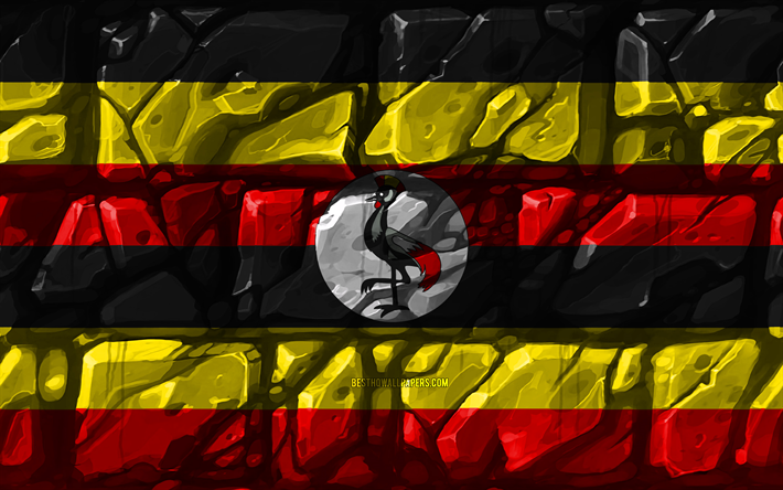 Bandeira de uganda, brickwall, 4k, Pa&#237;ses da &#225;frica, s&#237;mbolos nacionais, Bandeira de Uganda, criativo, Uganda, &#193;frica, Uganda 3D bandeira