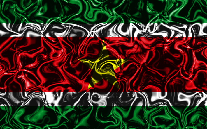 4k, Bandiera del Suriname, astratto fumo, Sud America, simboli nazionali, Surinamese bandiera, 3D, arte, Suriname 3D, bandiera, creativo, paesi del Sud america, Suriname