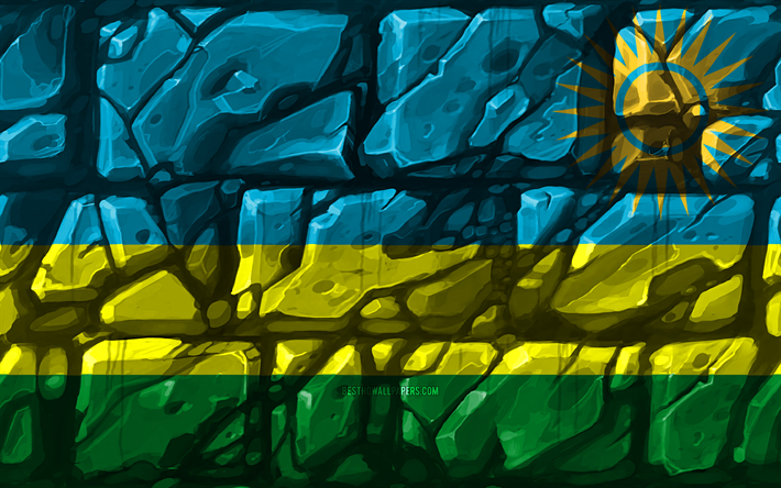 Ruanda Ruanda bayrağı, brickwall, 4k, Afrika &#252;lkeleri, ulusal semboller, Bayrak, yaratıcı, Ruanda, Afrika, Ruanda 3D bayrak