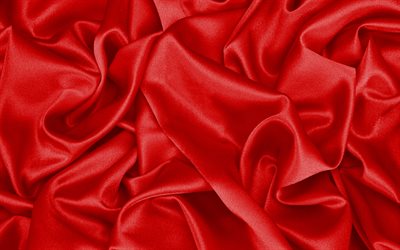 4k, punainen silkki tekstuuri, aaltoileva kangas rakenne, silkki, punainen kangas tausta, punainen satiini, kangas kuvioita, satiini, silkki kuvioita, punainen kangas rakenne