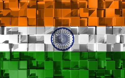 Flag of India, 3d flag, 3d cubes texture, Flags of Asian countries, India flag, 3d art, India, Asia, 3d texture, Indian flag