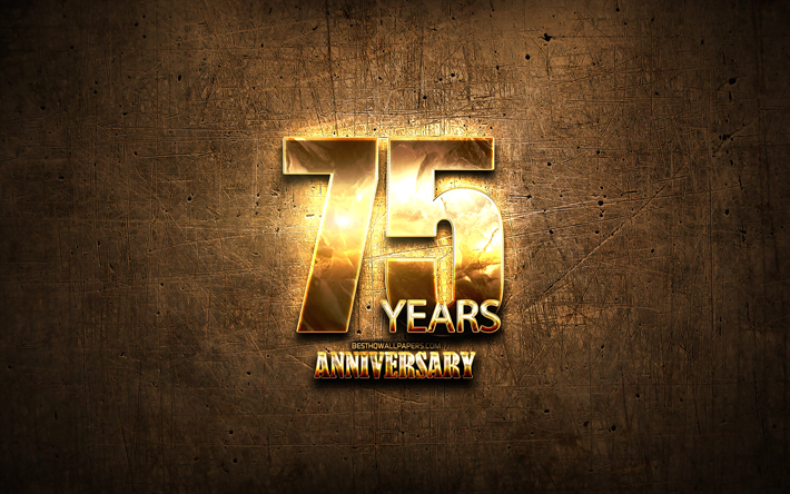 75年記念, ゴールデンの看板, 周年記念の概念, 茶色の金属の背景, 創立75周年記念, 創造, ゴールデン75周年記念サイン