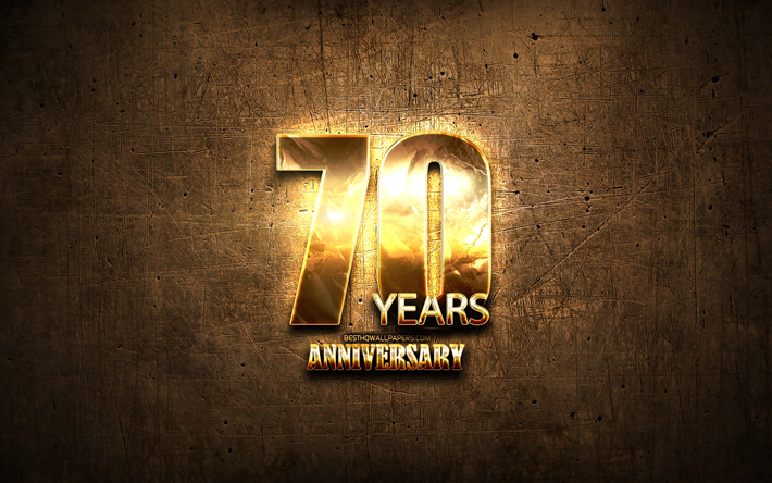 70周年記念, ゴールデンの看板, 周年記念の概念, 茶色の金属の背景, 創立70周年記念, 創造, 黄金の70周年記念サイン