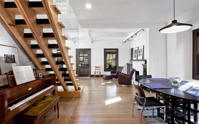 um design interior moderno, sala de estar, grande piano de madeira, interior elegante, escadas de madeira