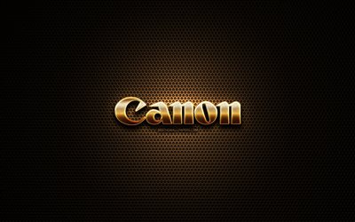 Canon glitter logo, creative, metal grid background, Canon logo, brands, Canon