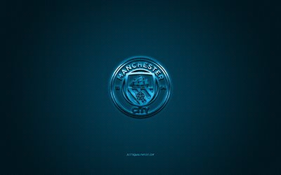Manchester City FC, English football club, blue metallic logo, blue carbon fiber background, Manchester, England, Premier League, football