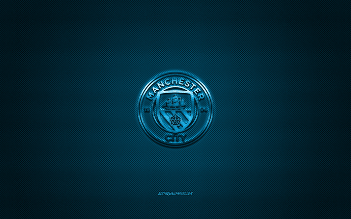 Manchester City FC, Engelska football club, bl&#229; metallic logotyp, bl&#229; kolfiber bakgrund, Manchester, England, Premier League, fotboll