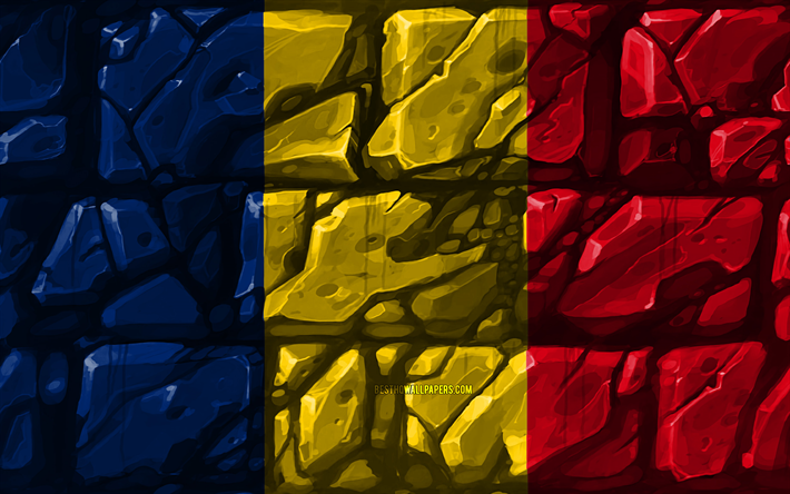 Tchads flagga, brickwall, 4k, Afrikanska l&#228;nder, nationella symboler, Flaggan i Tchad, kreativa, Tchad, Afrika, Tchad 3D-flagga