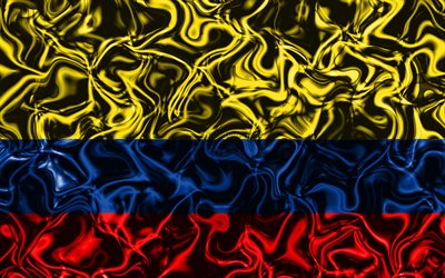 4k, Bandiera della Colombia, astratto fumo, Sud America, simboli nazionali, Colombiaт bandiera, 3D, arte, Colombia 3D, bandiera, creativo, paesi del Sud america, Colombia
