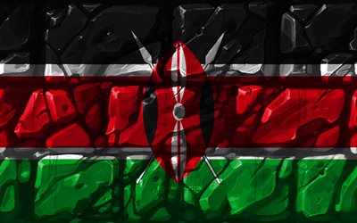 Kenyas flagga, brickwall, 4k, Afrikanska l&#228;nder, nationella symboler, Flaggan i Kenya, kreativa, Kenya, Afrika, Kenya 3D-flagga