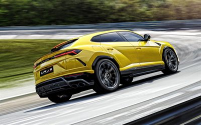 Lamborghini Urus, 2019, exterior, rear view, yellow SUV, new yellow Urus, racing track, Lamborghini