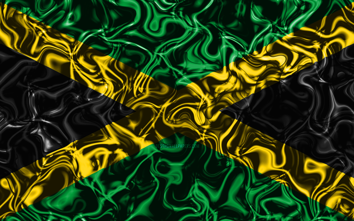 4k, Bandiera della Giamaica, astratto fumo, Nord America, simboli nazionali, bandiera Giamaicana, 3D arte, Giamaica 3D, bandiera, creativo, paesi del Nord america, Giamaica