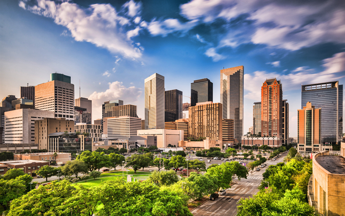 4k, Houston, summer, cityscapes, Texas, USA, american cities, America, modern buildings, HDR, City of Houston, Cities of Texas