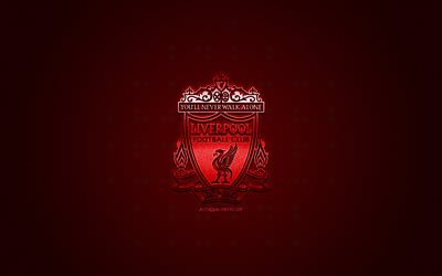 O Liverpool FC, Clube de futebol ingl&#234;s, vermelho metalizado logotipo, vermelho de fibra de carbono de fundo, Liverpool, Inglaterra, Premier League, futebol