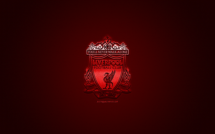 El Liverpool FC, club de f&#250;tbol ingl&#233;s, rojo logotipo de metal, fibra de carbono rojo de fondo, de Liverpool, Inglaterra, la Premier League, el f&#250;tbol