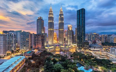 Kuala Lumpur, skyscrapers, fountains, evening, sunset, Petronas Towers, modern architecture, Kuala Lumpur cityscape, Malaysia
