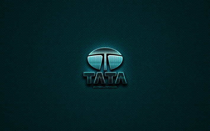 Tata glitter logo, cars brands, creative, blue metal background, Tata logo, brands, Tata